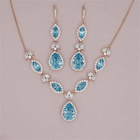 Aquamarine Jewelry Set Blue Jewelry Setsback Drop Necklace Etsy