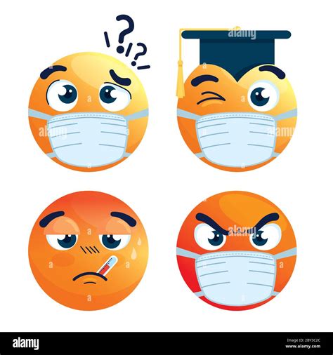 Set Of Emoji Wearing Medical Mask Yellow Faces With A White Surgical