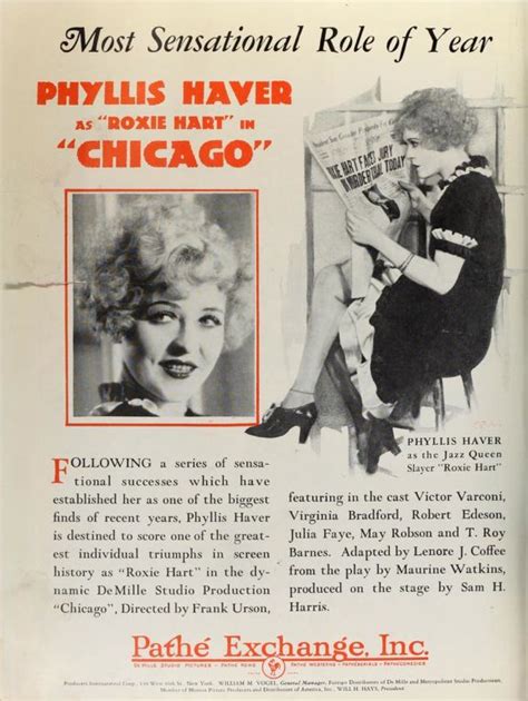 Most Sensational Role Of Year Phyllis Haver As Roxie Hart In Chicago