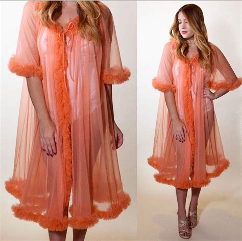 rare old hollywood glam orange sherbet pink ruffle peignoir robe authentic vintage 1960s boa