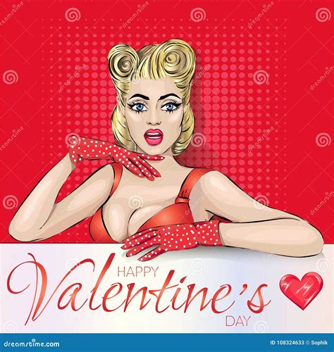 Valentines Day Pin Up Woman With Heart On Red Background Pop Art