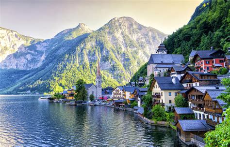Famous Hallstatt Mountain Village And Alpine Lake Austrian Alps Stock