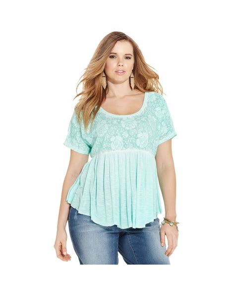 Jessica Simpson Plus Size Shortsleeve Lace Babydoll Top In Turquoise