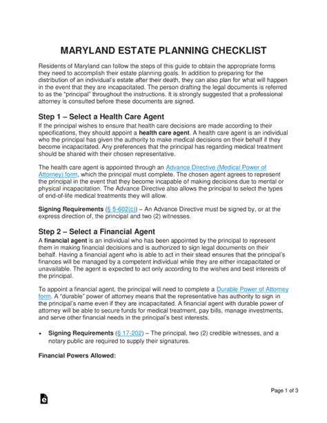 Free Maryland Estate Planning Checklist Pdf Word Eforms