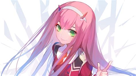 Darling In The Franxx Green Eyes Zero Two With Background Of White And