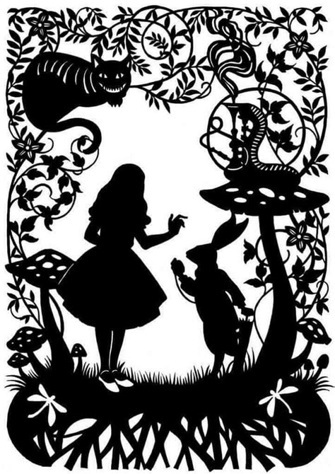 An Image Of Alice And The Rabbit In Wonderland Silhouetted Against A