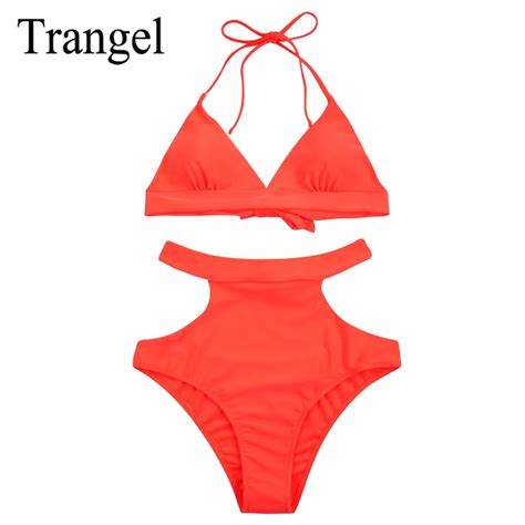 trangel high waist swimwear swimsuit women solid bikini set sexy hollow out bikini girls padded