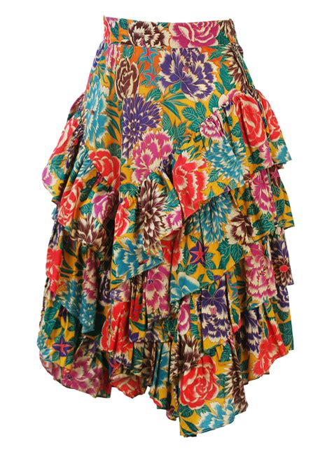 Yellow Knee Length Tiered Ruffle Skirt With Multicoloured Floral