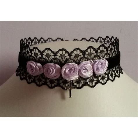 Black Pastel Goth Choker Lilac Roses Lace Velvet Necklace Cross Collar