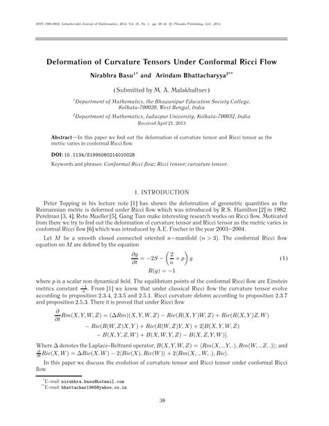 Pdf Deformation Of Curvature Tensors Under Conformal Ricci Flow