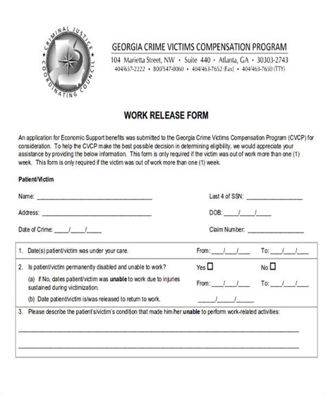 Free 9 Work Release Form Samples In Ms Word Pdf