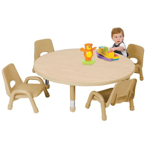 The sturdy wooden construction ensures years of functionality and the two chairs have slatted backs, while the table has a straightforward silhouette with straight legs and clean lines. Nature Color Toddler Round Tables 32" - Seats 4
