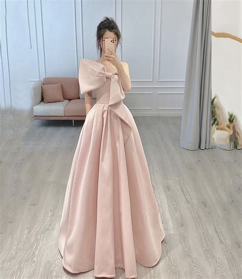 Pink Satin Long Prom Dress With Bow A Line Evening Dress · Little Cute