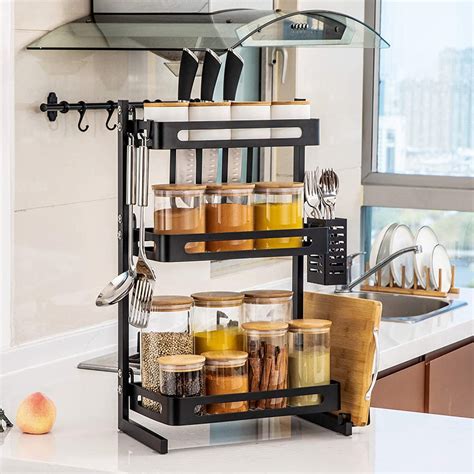 Tier Spice Rack Organizer Shelf Kitchen Countertop Cabinet Pantry Storage With Knife
