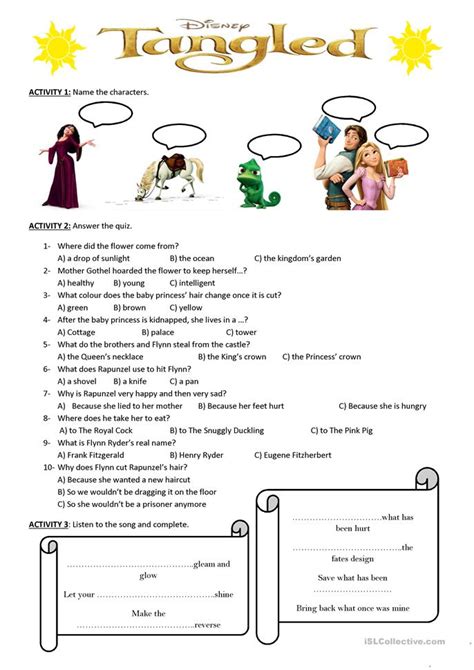 Some worksheets are more helpful. Video: Tangled (Disney) worksheet - Free ESL printable ...