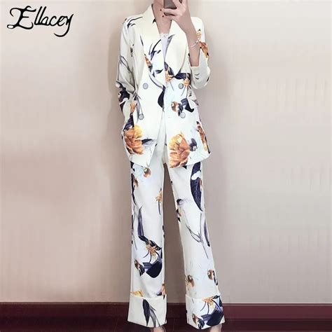 ellacey fashion wide leg pants suits floral print blazer suits female women s business blazer