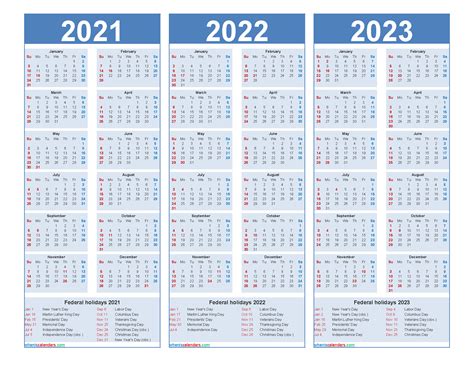 Printable 2021 2022 And 2023 Calendar With Holidays Word Pdf