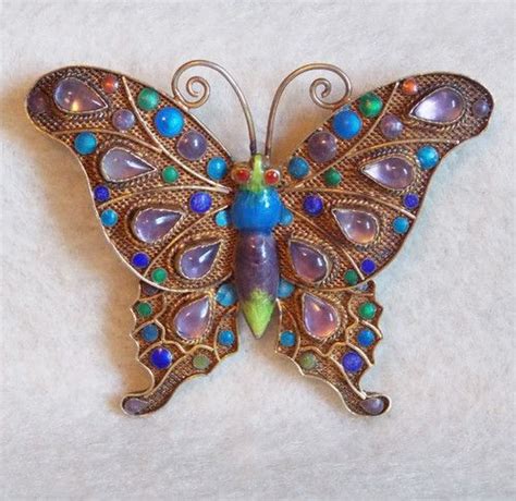 Fabulous Chinese Silver Enamel And Amethyst Butterfly Vintage Estate Pin