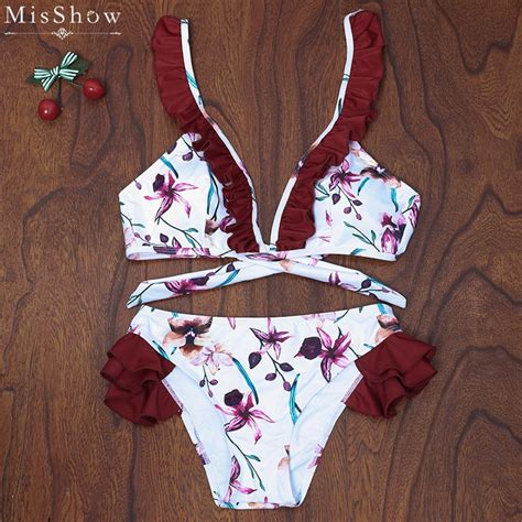 Misshow Ruffle Bikinis Set Women Floral Printed Swimwear Sexy