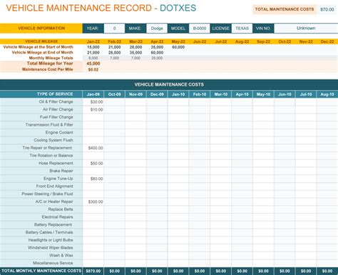 This may be representing routine cleaning, inspection, lubrication and tightening of machinery as well equipment Vehicle Maintenance Log Template for Excel® (Monthly) - Dotxes