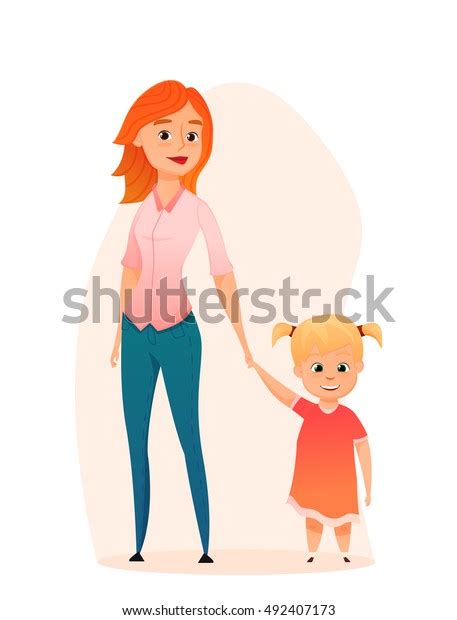 Happy Mom Daughter Holding Hands Young Stock Vector Royalty Free