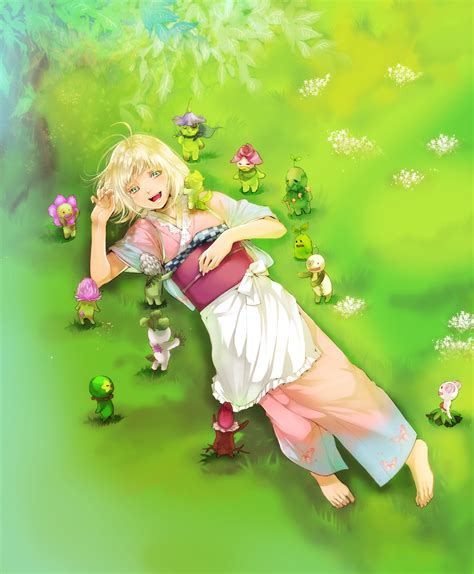 Safebooru Ao No Exorcist Apron Barefoot Blonde Hair Bob Cut Decom Feet Flower Grass Green Eyes