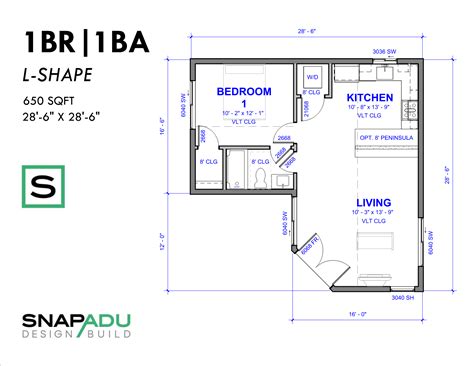 Adu Floor Plan 1 Bedroom L Shape Adu Plan Under 650 Sqft