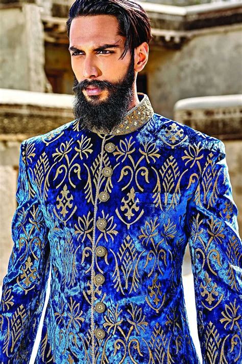 Royal Blue And Gold Velvet Zari Embroidered Wedding Sherwani Sh194