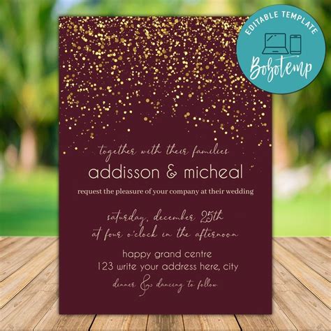Printable Maroon Gold Wedding Invitation Instant Download