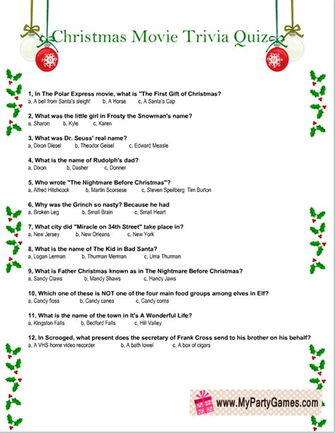 Create and print a quiz with trivia questions in random categories or in any subcategory of your choice. Free Printable Christmas Movie Trivia Quiz