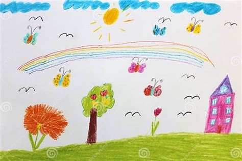 Children S Drawing With Butterflies And Flowers Stock Illustration