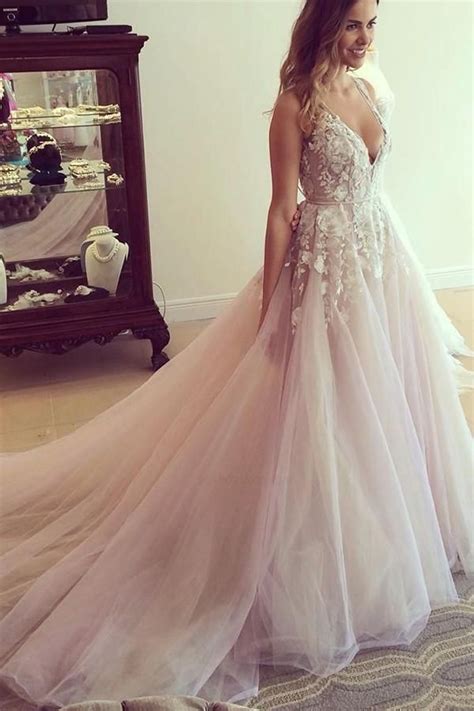 Spaghetti Straps V Neck Long Tulle Wedding Dress Prom Dress With