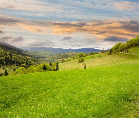 Village On Hillside Meadow At Sunrise Stock Image Image Of Mountain