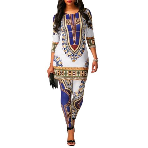 Women African National Print Dashiki Two Piece Set Full Length Long T Shirt And Pants Suits