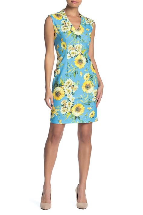 Sharagano Synthetic V Neck Sleeveless Floral Print Dress Petite In