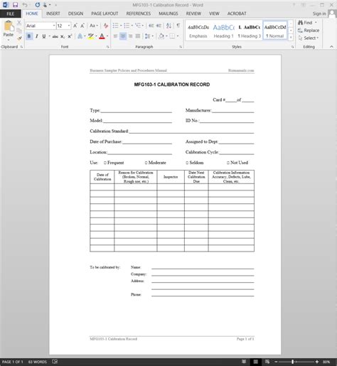 Calibration Sheets Templates