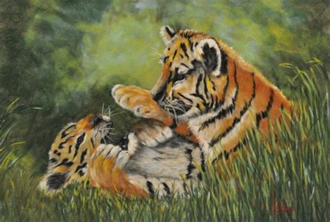 A Painting Of Two Tigers Playing In The Grass