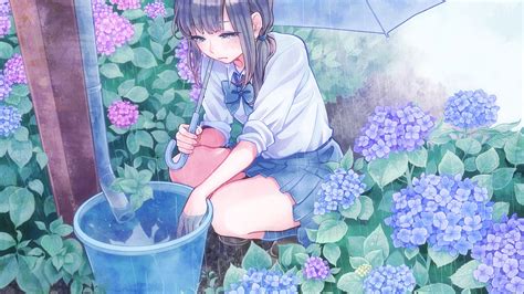Download 3840x2160 Anime Girl Crying Raining School Uniform Garden