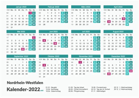 Hier vind je de kalender 2022 inclusief nationale en andere feestdagen voor nederland. Kalender 2022 Nordrhein-Westfalen