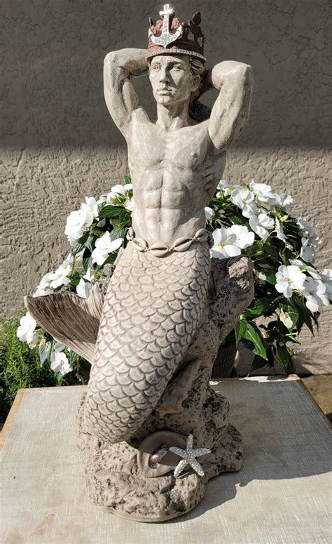 Merman Statue With Crown Xl Statue With Vintage Coastal Etsy