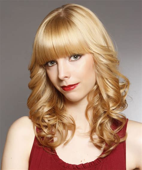 Long Curly Honey Blonde Hairstyle With Blunt Cut Bangs And