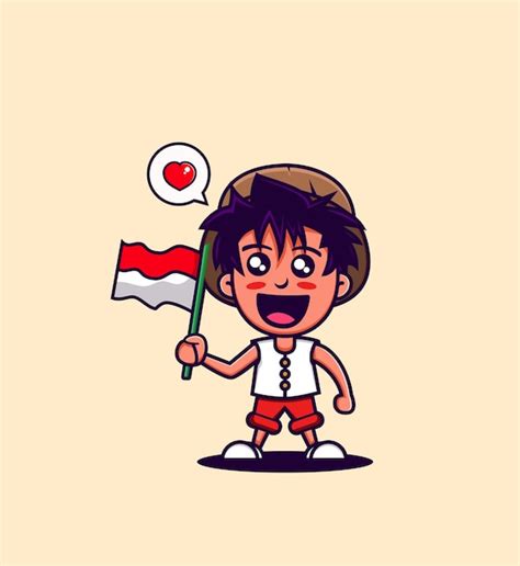 Premium Vector Cute Cartoon Boy Holding Indonesian Flag Flat Cartoon