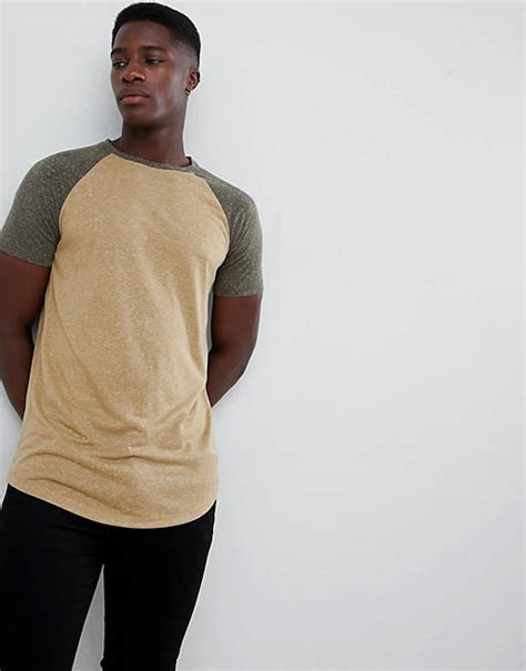 Asos Design Longline T Shirt With Curved Hem And Contrast Raglan