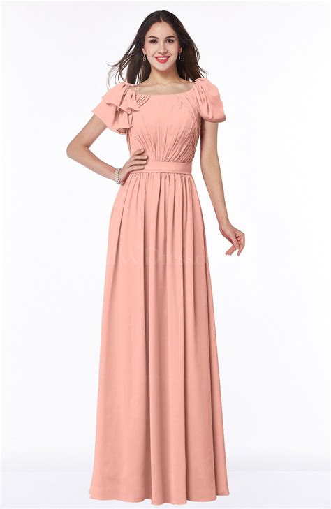 Peach Elegant Scoop Short Sleeve Zip Up Chiffon Plus Size Bridesmaid Dresses