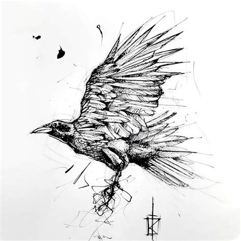 Sketch Style Crow Tattoo Design