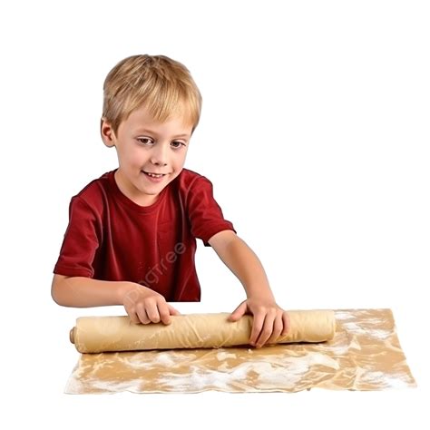 A Boy Rolls Out Christmas Cookie Dough With A Rolling Pin On The Table