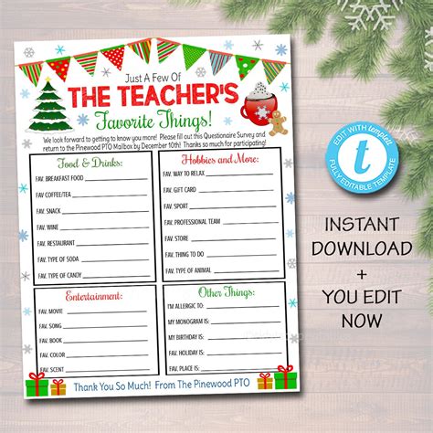 Christmas Teacher Favorites Survey Teacher Holiday Wish List T