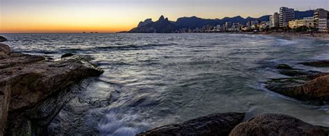 Panoramic Image Of The Sunset At Ipanema Beach In Rio De Janeiro Stock