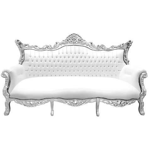 baroque rococo 3 seater sofa white leatherette and silver wood
