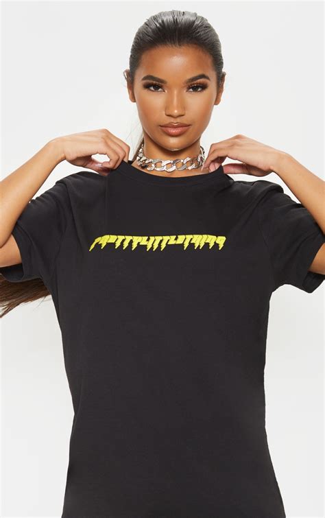 Plt Black Lightning Slogan T Shirt Dress Prettylittlething Usa